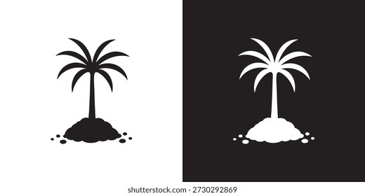 Palm Tree Silhouette - Schlanker Stamm mit bogenförmigen Blättern und Kiesboden in Schwarz und Weiß
