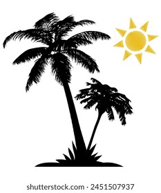 Palm tree silhouette with sun on white background