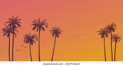 Palm tree silhouette with sunset sky background vector illustration. Summer traveling and party at the beach concept flat design with blank space.