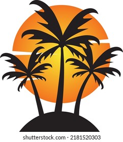 Silueta de palmeras con puesta de sol. Isla símbolo de verano, árboles e iconos solares. Ilustración vectorial. Vector clipart para impresión, corte, logotipo, web. Diseño tropical de playa.