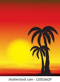 palm tree silhouette at sunset, vector image
