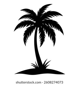Palm tree silhouette, Tropical beach vector art showcases a vibrant palm tree silhouette against a summer sunset sky