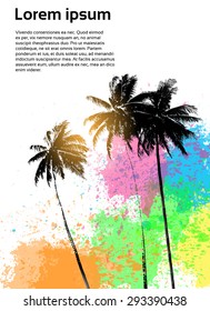 Palm Tree Silhouette Tropical Island Water Splash Paint Grunge Color Summer Vacation Vintage Vector Illustration