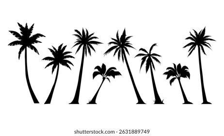 Palm tree silhouette vector illustration isolated on white background. palm tree silhouettes