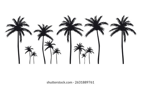 Palm tree silhouette vector illustration isolated on white background. palm tree silhouettes