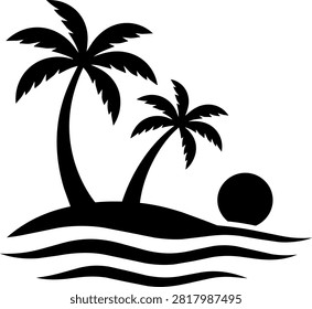 Palm tree silhouette vector illustration on tropical beach with sun and sea waves for exotic resort holiday and paradise island design.