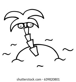Palm tree silhouette vector illustration with two coconuts. Colouring picture of palm tree cartoon doodle drawing. Black outline of palm with little island and sea waves.