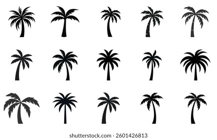 Palm tree silhouette vector set, tropical tree icons, black coconut palm symbols, beach nature design, exotic summer elements, island landscape, travel illustration, tropical vacation graphics
