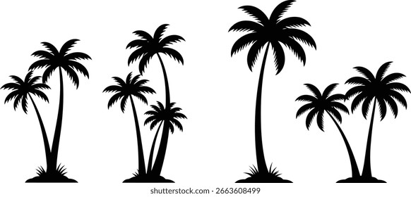 Conjunto de vetor da silhueta da palmeira - desenhos da palma preta da ilha tropical no fundo branco