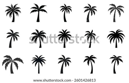 Palm tree silhouette vector set, tropical tree icons, black coconut palm symbols, beach nature design, exotic summer elements, island landscape, travel illustration, tropical vacation graphics