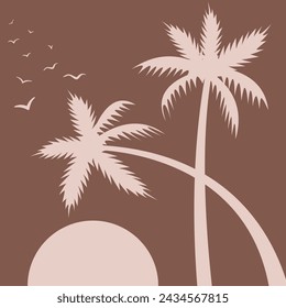 palm tree silhouettes, birds flock and sun