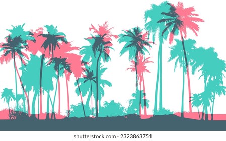 Palm tree silhouettes. Colorful tropical lanscape. Vector horisontal border.