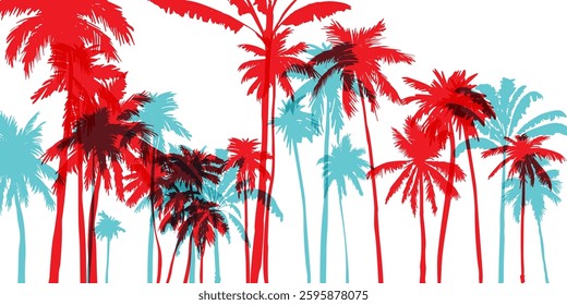 Palm tree silhouettes. Colorful tropical lanscape. Vector horisontal border.