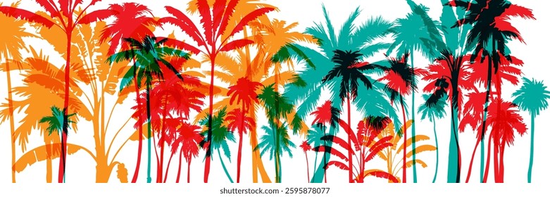 Palm tree silhouettes. Colorful tropical lanscape. Vector horisontal border.