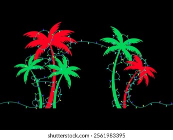 Palm tree silhouettes decorated with Christmas garland with colorful lights. Garlands decoration tropical palm trees on black background. Design for greeting card and banner. Vector illustration