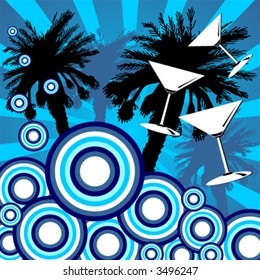 Palm tree silhouettes with glasses and multi color circles over striped abstract background
