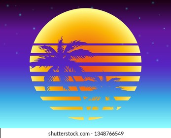 Palm tree silhouettes on a gradient background sunset. Style of the 80's and 90's, web-punk, vaporwave, kitsch.