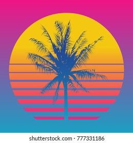 Palm Tree Silhouettes On A Gradient Background Sunset. Style Of The 80's And 90's, Web-punk, Vaporwave, Kitsch.