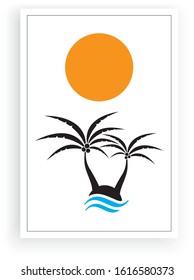 Palm tree silhouettes on little island on sunset / sunrise, vector. Minimalist background design. Poster design isolated on white background. Wall art, home art, wall decals 