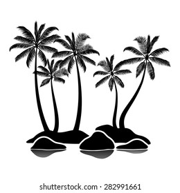 Palm tree silhouettes on rocky shore isolated on white