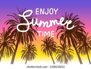 Palm tree silhouettes on sunset sky background