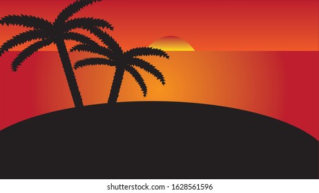 Palm tree silhouettes on a sunset coloured background with the sun going down behind the sea/ocean