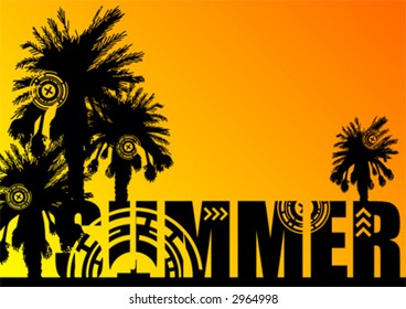 Palm tree silhouettes on top of the word SUMMER over orange and yellow gradient background that can easily be replaced or removed