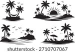 Palm tree silhouettes on tropical island with sunset. Beach landscape vector illustration with palm trees and ocean, summer nature background.