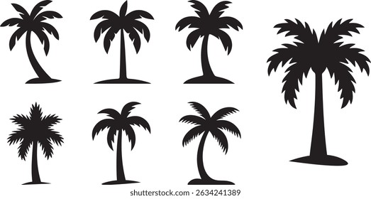 Palm tree silhouettes on white background, Simple tropical tree outlines collection