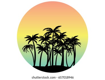 Palm tree silhouettes over ocean and sunset sky
circle frame, abstract vector illustration