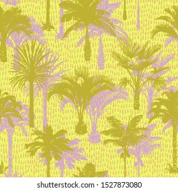 Palm tree silhouettes seamless pattern. Hand-drawn tropical plants. Trendy exotic botanical background with banana palm tree, coconut palm tree. Geometric dashed lines stitch texture. 