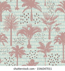 Palm tree silhouettes seamless pattern. Hand-drawn tropical plants. Trendy exotic botanical floral background with banana palm tree, coconut palm tree. Geometric dashed vertical lines stitch texture. 