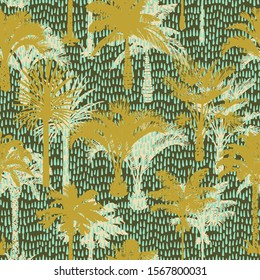 Palm tree silhouettes seamless pattern. Hand-drawn tropical plants. Trendy exotic botanical background with banana palm tree, coconut palm tree. Geometric dashed lines stitch texture. 