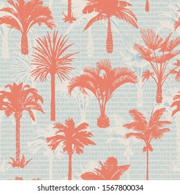 Palm tree silhouettes seamless pattern. Hand-drawn tropical plants. Trendy exotic botanical background with banana palm tree, coconut palm tree. Geometric dashed lines stitch texture. 