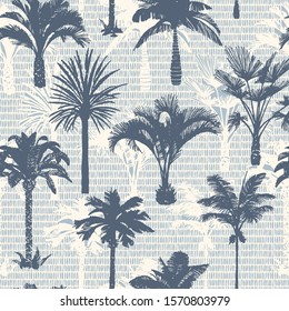 Palm Tree Silhouettes Seamless Pattern. Hand-drawn Tropical Plants. Trendy Exotic Botanical Background With Banana Palm Tree, Coconut Palm Tree. Geometric Dashed Lines Stitch Texture. 