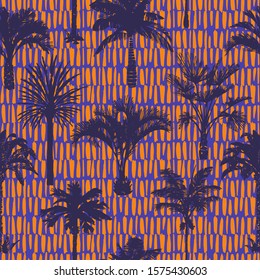 Palm tree silhouettes seamless pattern. Hand-drawn tropical plants. Trendy exotic botanical floral background with banana palm tree, coconut palm tree. Geometric dashed vertical lines stitch texture. 