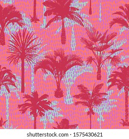 Palm tree silhouettes seamless pattern. Hand-drawn tropical plants. Trendy exotic botanical background with banana palm tree, coconut palm tree. Geometric dashed lines stitch texture. 