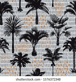 Palm tree silhouettes seamless pattern. Hand-drawn tropical plants. Trendy exotic botanical floral background with banana palm tree, coconut palm tree. Geometric dashed vertical lines stitch texture. 