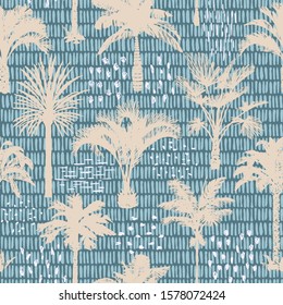 Palm tree silhouettes seamless pattern. Hand-drawn tropical plants. Trendy exotic botanical floral background with banana palm tree, coconut palm tree. Geometric dashed vertical lines stitch texture. 