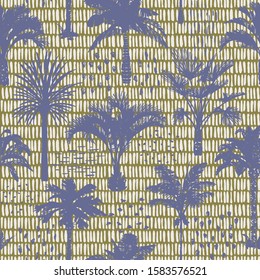 Palm tree silhouettes seamless pattern. Hand-drawn tropical plants. Trendy exotic botanical floral background with banana palm tree, coconut palm tree. Geometric dashed vertical lines stitch texture. 