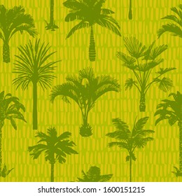 Palm tree silhouettes seamless pattern. Hand-drawn tropical plants. Trendy exotic botanical floral background with banana palm tree, coconut palm tree. Geometric dashed vertical lines stitch texture. 