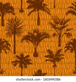 Palm tree silhouettes seamless pattern. Hand-drawn tropical plants. Trendy exotic botanical floral background with banana palm tree, coconut palm tree. Geometric dashed vertical lines stitch texture. 
