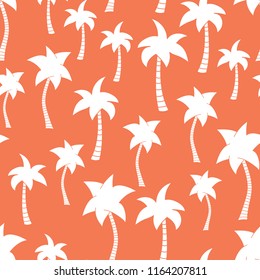 Palm tree silhouettes seamless vector pattern background. White tropical palm trees on peach. Great for web banner, fabric, paper, beach, advertisement, summer party, vacation, invitation, menue, girl