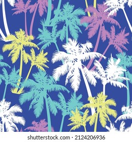 Palm tree silhouettes seamless vector pattern. Perfect for textile, wallpaper or print design.

