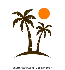 Palm tree silhouettes sign on sun beach, sunset on island, two palm and sun logo icon – stock vector