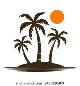 Signo de siluetas de palmeras en la playa del sol, puesta del sol en la isla, dos palmeras y el icono del logotipo del sol