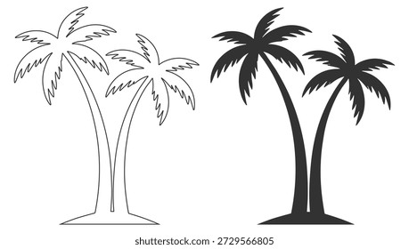 Palm tree silhouettes, tropical beach summer nature vector illustration set, coconut tropics coastal landscape outdoor greenery foliage on transparent background
