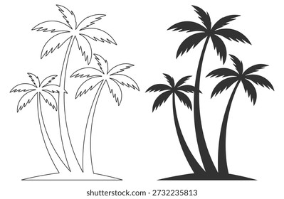 Palm tree silhouettes, tropical beach summer nature vector illustration set, coconut tropics coastal landscape outdoor greenery foliage on transparent background
