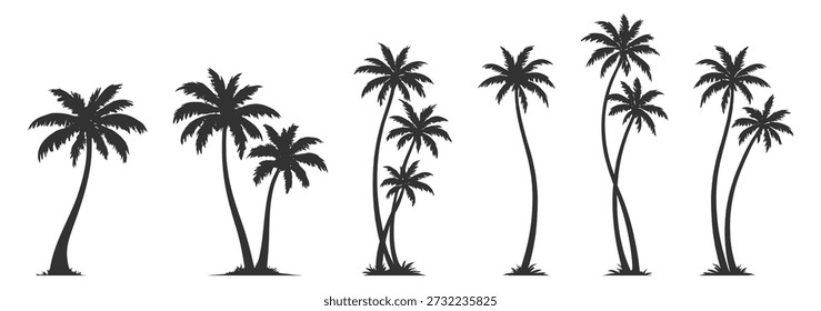 Palm tree silhouettes, tropical beach summer nature vector illustration set, coconut tropics coastal landscape outdoor greenery foliage on transparent background
