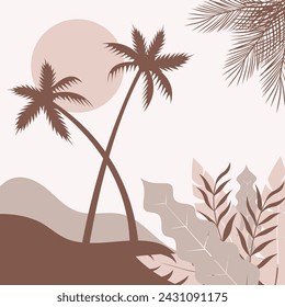 palm tree silhouettes and tropical plant leaves. monochrome vector illustration of tropic island